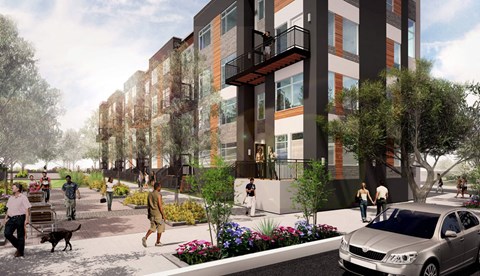 a rendering of a building with people walking on a sidewalk and cars