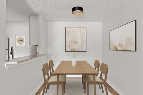 a dining room with a wooden table and chairs at South Lamar Village, TX, 78704