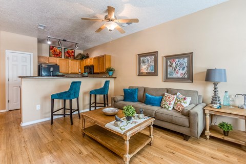 a living room and kitchen with a couch and a coffee table