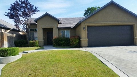 A house with a garage door and a tree in front.