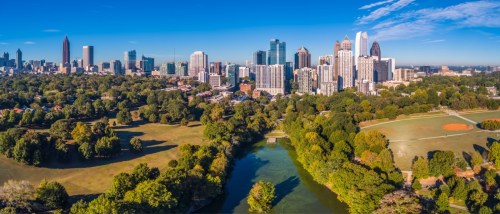 Aerial view of Atlanta's skyline, a place where renters can find luxury apartments at lower rents.