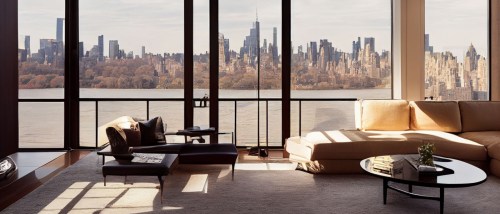 Concept art illustration of a Manhattan penthouse interior design in New York City, highlighting the elegance and appeal of luxury apartments typically leased by millionaire renters.