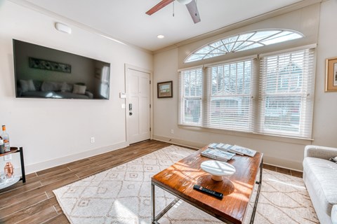 a living room with a couch and a coffee table