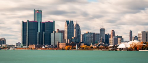View of downtown Detroit, MI, at sunrise.