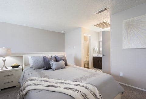 a bedroom with a large bed and a bathroom with a sink