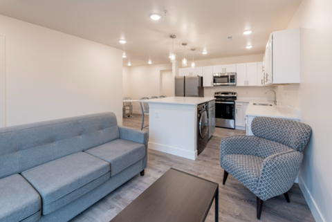 A grey couch sits in a modern kitchen and living room.