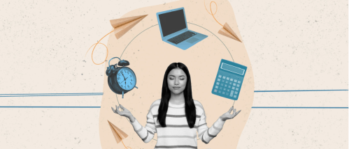 A student meditating with a laptop, calculator, and alarm clock floating around them, representing the peace of mind that student renters insurance provides.